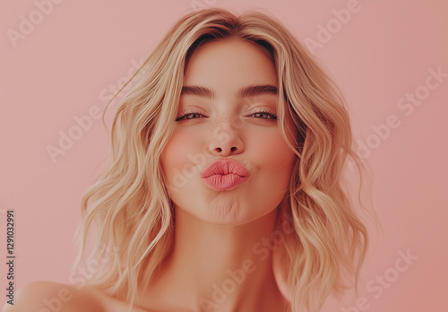 Wallpaper Mural Portrait of a beautiful, attractive, cute, and stunning woman with blonde, wavy hair blowing a kiss, isolated on a pastel pink background copy space for text. Expresses her positive feeling Torontodigital.ca