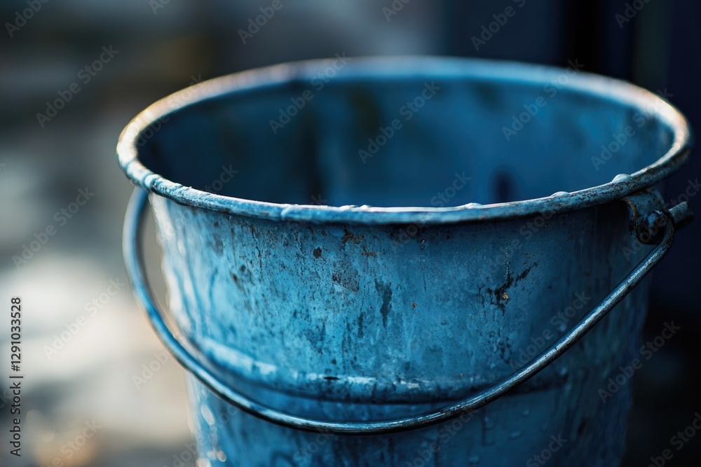 A blue plastic bucket sits atop a table, ready for use A blue plastic bucket sits atop a table, ready for use