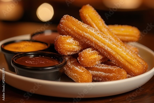 close-up plate of freshly made churros dusted with sugar, surrounded by dipping sauces like chocolate and caramel placed on wooden table with blurred background photo