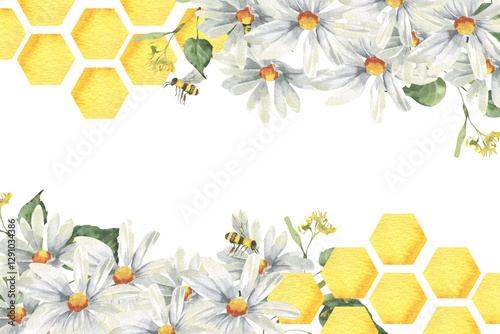 Golden honey combs hexagon with white chamomile flowers and bees watercolor banner. Hand drawn frame with copy space clipart, floral painting with field flowers for organic shop,medicine pack design