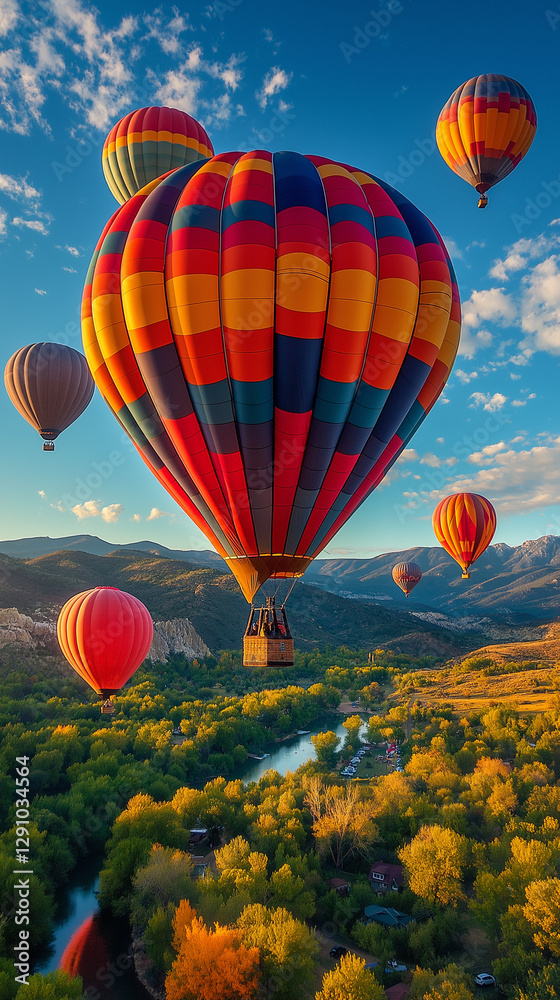 Obraz premium Soaring Above the Landscape: A vibrant array of hot air balloons ascends over a picturesque landscape of lush green trees, a meandering river, and majestic mountains.