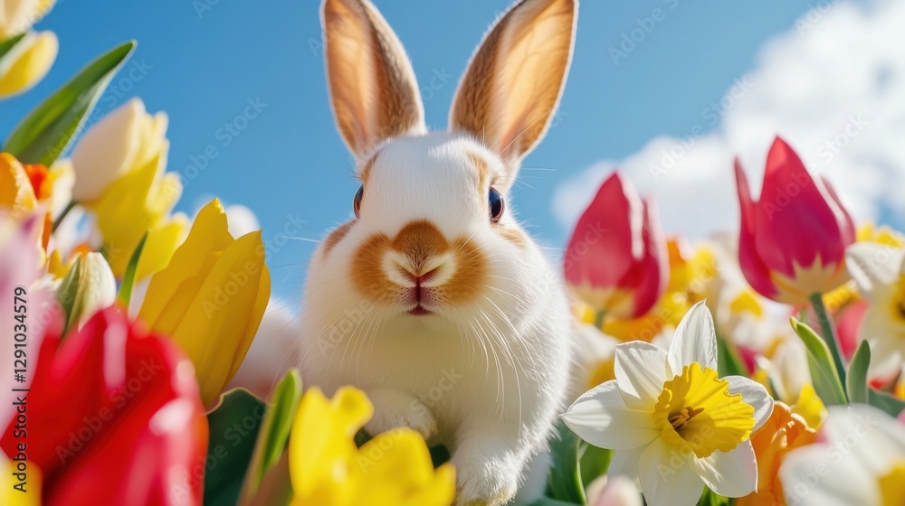 Fototapeta premium Colorful Easter bunnies hopping joyfully through a vibrant field of blooming tulips and daffodils on a sunny spring day
