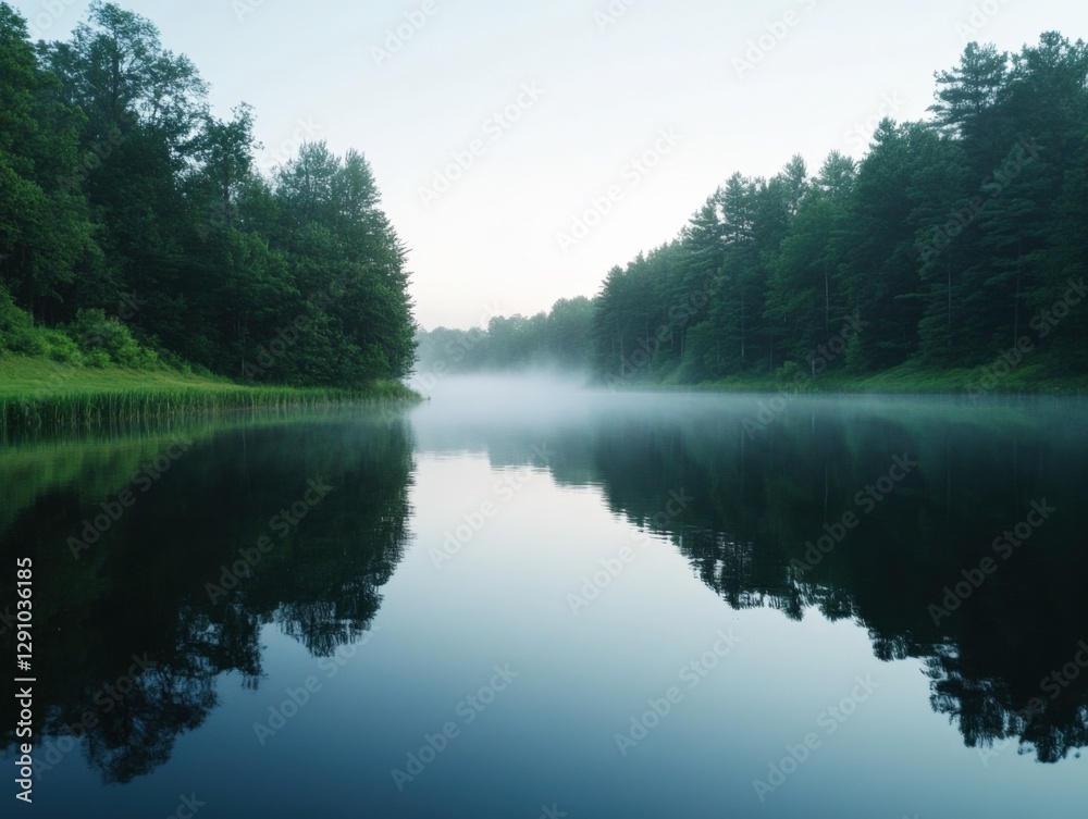 Foggy Lake with Forest Reflection Foggy Lake with Forest Reflection