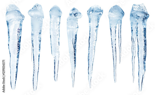 Set of frozen icicles hanging down, isolated on transparent cutout background