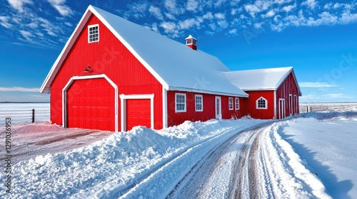 Wallpaper Mural Red barn in snowy field under blue sky.  Possible use Stock photo Torontodigital.ca