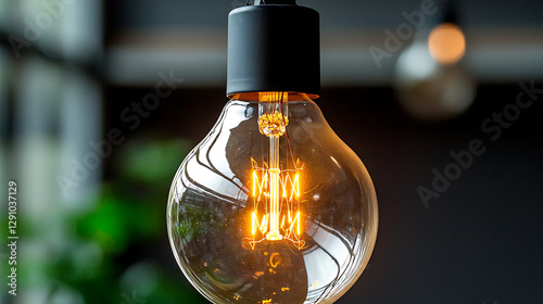 A light bulb is lit up and is hanging from the ceiling. generated using AI