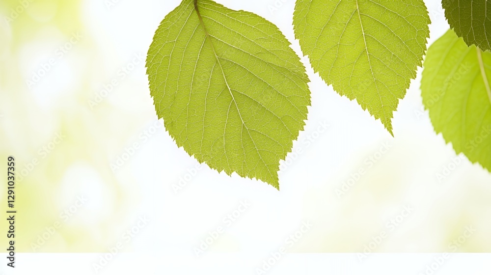 Closeup of Two Vibrant Green Leaves Against Soft Light Background Closeup of Two Vibrant Green Leaves Against Soft Light Background