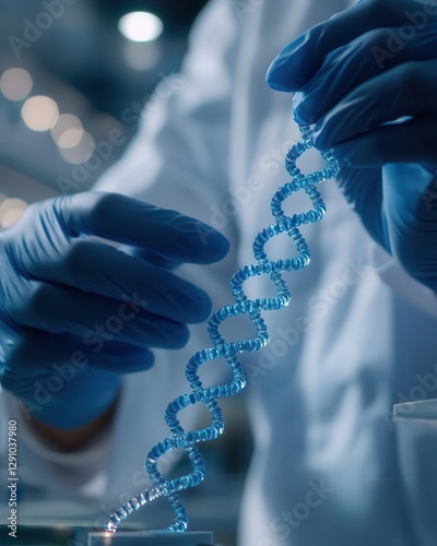 Closeup of scientist hands in gloves holding a DNA strand in a sterile lab environment