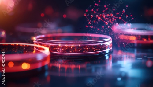 Futuristic biotech lab with glowing petri dishes and holographic molecular models