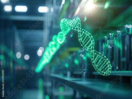 Highresolution holograms of DNA sequences floating above lab desks in a modern biotechnology facility
