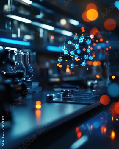 Hightech laboratory with holographic molecular models floating in midair, futuristic biotech facility