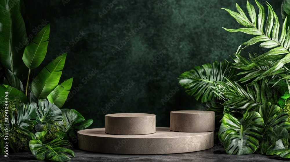 Modern display podiums surrounded by lush greenery in a studio setting Modern display podiums surrounded by lush greenery in a studio setting