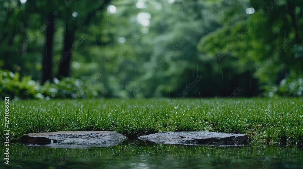 Fototapeta premium Rain on a grassy park pathway, forest background. Possible use Stock photo for nature, outdoor, parks, calm, relaxation