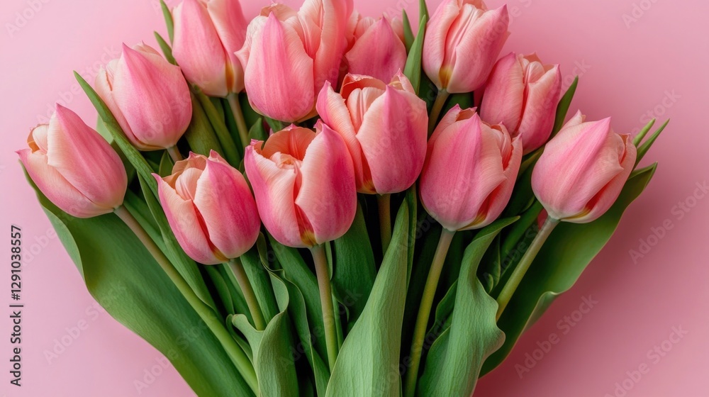Fototapeta premium A bouquet of pink tulips against a bright pink background, ideal for use in promotional materials, greeting cards or social media posts