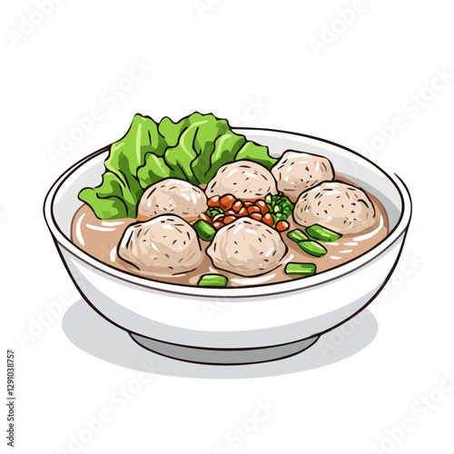 Minimalist flat illustration of Bakso, featuring a clean design isolated on a white background.

