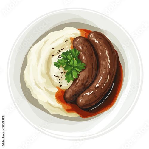 Minimalist flat illustration of Bangers and Mash, featuring a clean design isolated on a white background.

