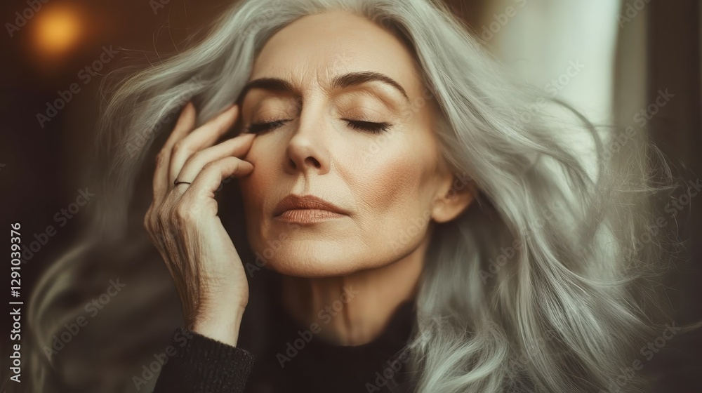 Obraz premium A woman with striking silver hair closes her eyes in tranquility, savoring a peaceful moment. Soft light illuminates her features, highlighting her graceful presence and calm demeanor