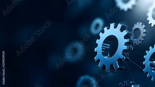3D mechanical gears that symbolize engineering and industry on a blue background