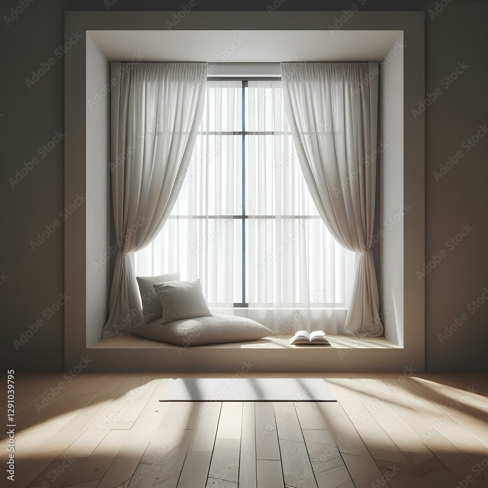 Fototapeta premium Modern window nook with soft pillows and natural light