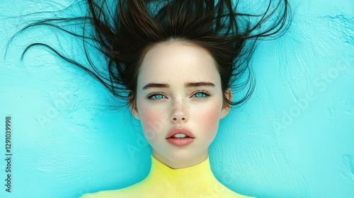 A young woman lies on her back, gazing directly at the camera with striking blue eyes, her dark hair splayed against a bright blue wall. She wears a colorful outfit that complements the background