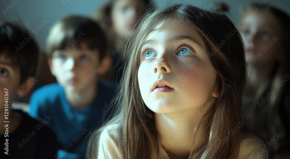 Obraz premium A group of children is focused on a lesson in a classroom, with one girl particularly engaged and listening intently