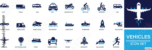 Vehicles icon set Car, Truck, Bus, Taxi, Motorcycle, Bicycle, Scooter, Van, Pickup Truck, You can easily change the color