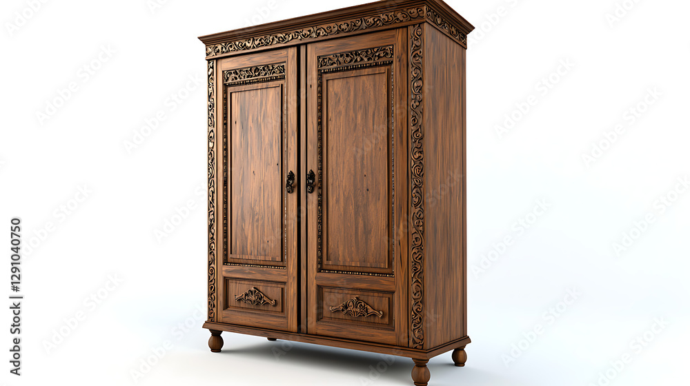A wooden cabinet with ornate carvings and a black handle. generated using AI