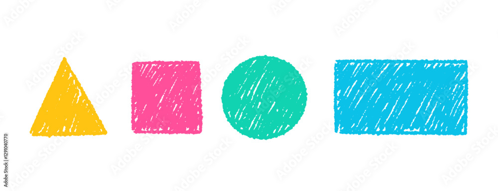 Set of simple colorful geometric shapes with crayon pencil. Circle, square, triangle and rectangle. Vector texture illustration