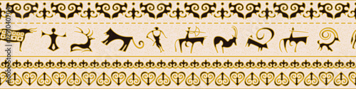 Ethnic seamless border on the theme of rock paintings and Altai national ornament, Scythian and Turkic, vector design, banner