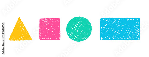 Set of simple colorful geometric shapes with crayon pencil. Circle, square, triangle and rectangle. Vector texture illustration