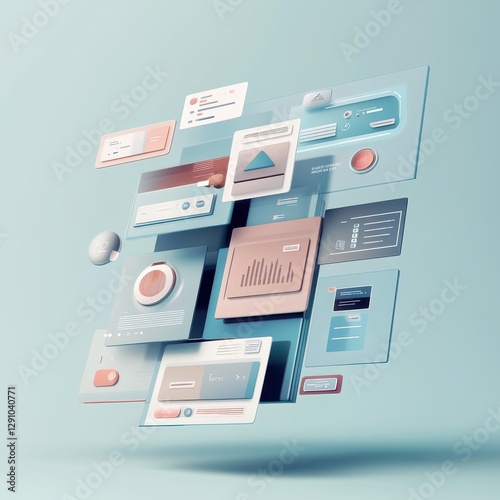 A modern, 3D representation of floating digital interface cards showcasing various data visualizations and controls in a sleek, minimalist design.