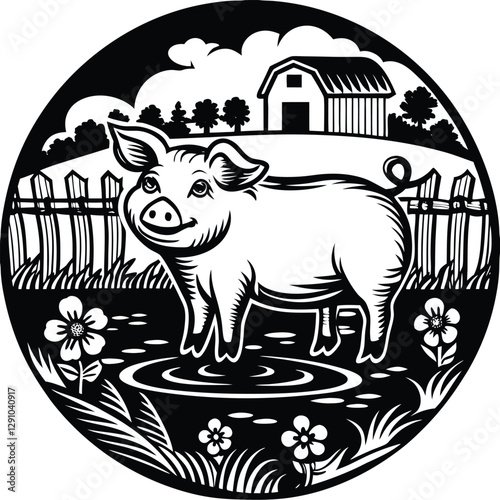 Happy Pig in a Farmyard Scene Coloring Page for Creative Kids Fun