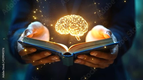 Hands hold open book, brain appears, knowledge concept