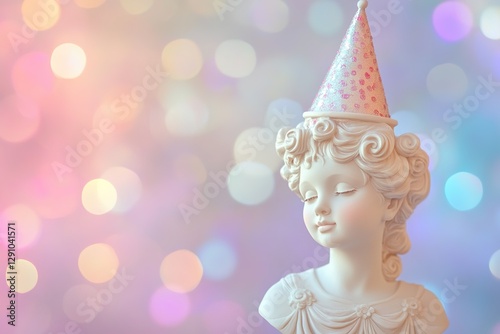 beautiful birthday card roman antique statue of girl in festive party hat on pastel color blurred bokeh lighting background with copy space