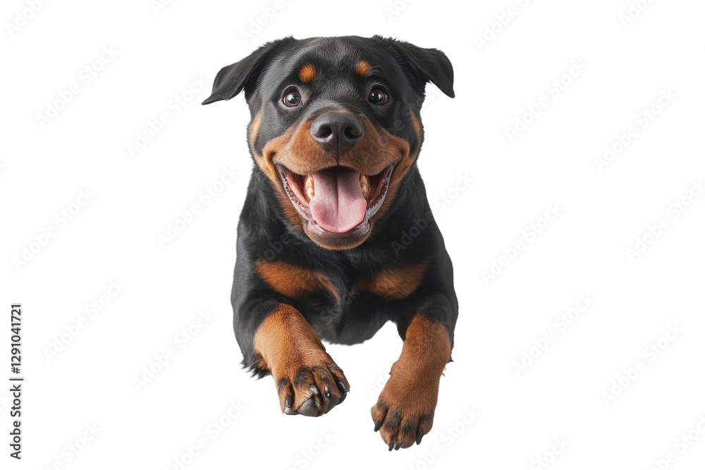 Obraz premium Happy Rottweiler jumping in the air with a joyful expression in a bright setting,cut out 