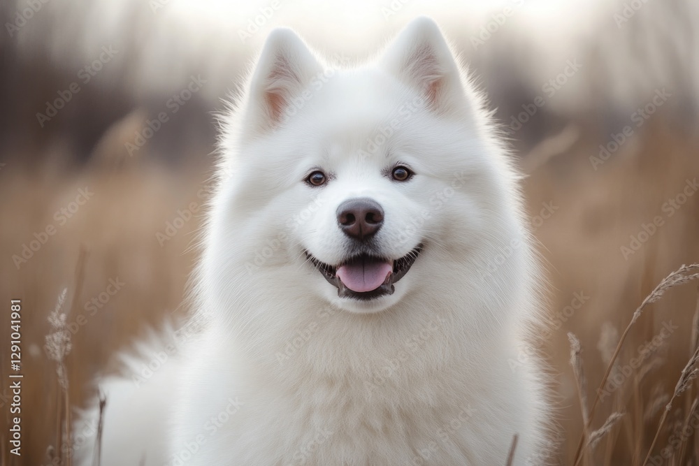 A white dog stands alone in a field of tall grass, looking out into the distance A white dog stands alone in a field of tall grass, looking out into the distance