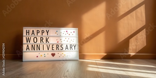 Wallpaper Mural A cheerful sign reading "Happy Work Anniversary" sits against a warm orange wall, with sunlight casting soft shadows on the floor. Torontodigital.ca