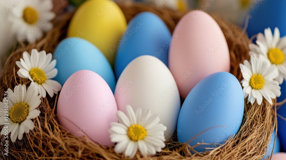 Whimsical Easter celebration with pastel-colored eggs nestled in a nest surrounded by daisies and spring flowers Whimsical Easter celebration with pastel-colored eggs nestled in a nest surrounded by daisies and spring flowers