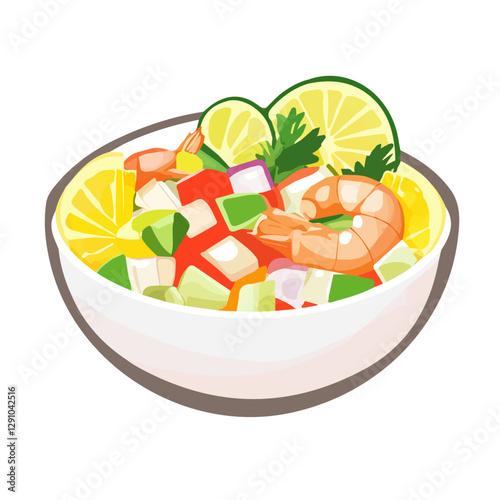 Minimalist flat illustration of Ceviche de Ca, featuring a clean design isolated on a white background.

