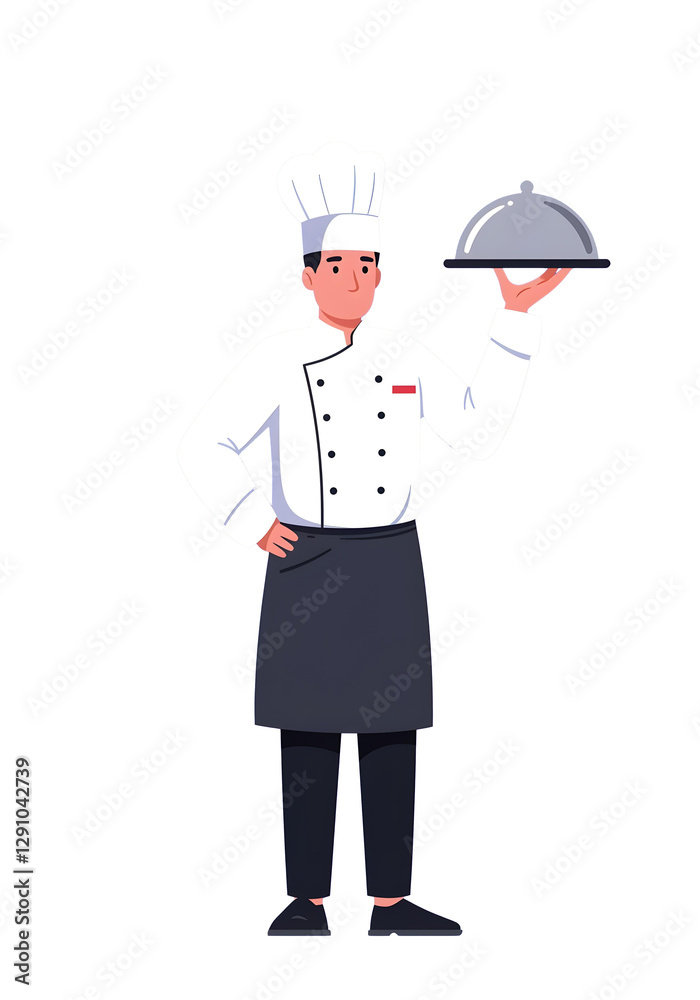 Professional chef wearing a white uniform and hat holding a serving tray with a lid, representing fine dining and culinary expertise Professional chef wearing a white uniform and hat holding a serving tray with a lid, representing fine dining and culinary expertise