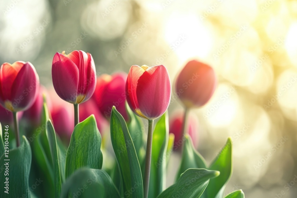 A bouquet of vibrant red tulips surrounded by lush green leaves A bouquet of vibrant red tulips surrounded by lush green leaves