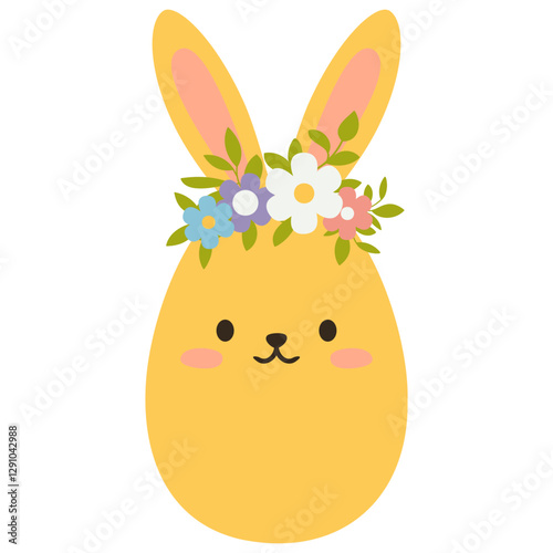 Cute yellow Easter egg with bunny ears and flower wreath. Great for cards, banners, wallpapers, invitations, covers. Flat vector illustration isolated on white background.