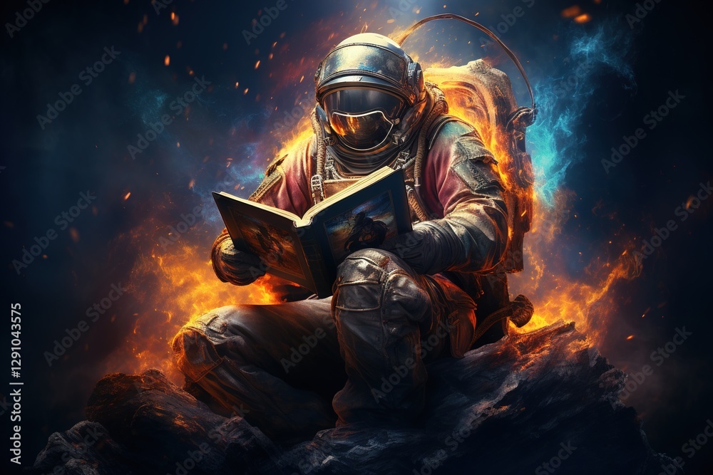 an astronaut in a spacesuit and helmet reads a book against the backdrop of a colored galaxy an astronaut in a spacesuit and helmet reads a book against the backdrop of a colored galaxy