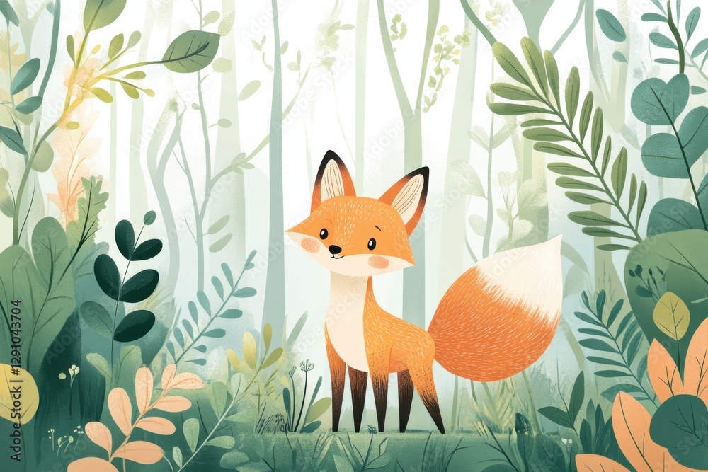 Fototapeta premium Curious fox explores a vibrant forest filled with lush foliage and wildlife in a minimalistic style