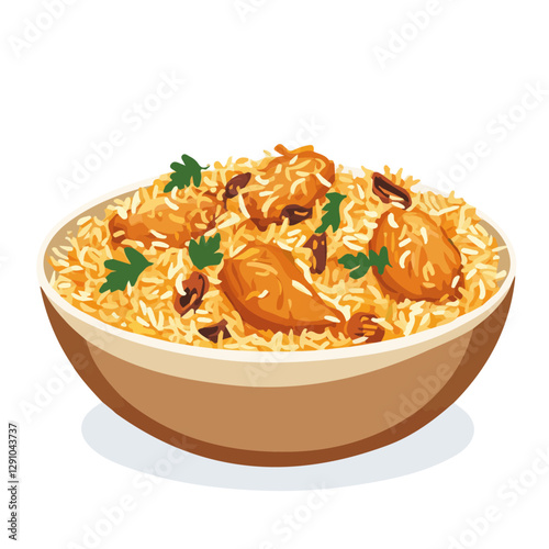 Minimalist flat illustration of Chicken Biryani, featuring a clean design isolated on a white background.

