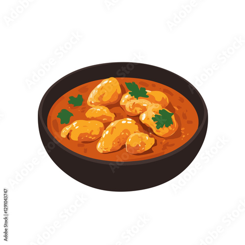 Minimalist flat illustration of Chicken Paprikash, featuring a clean design isolated on a white background.

