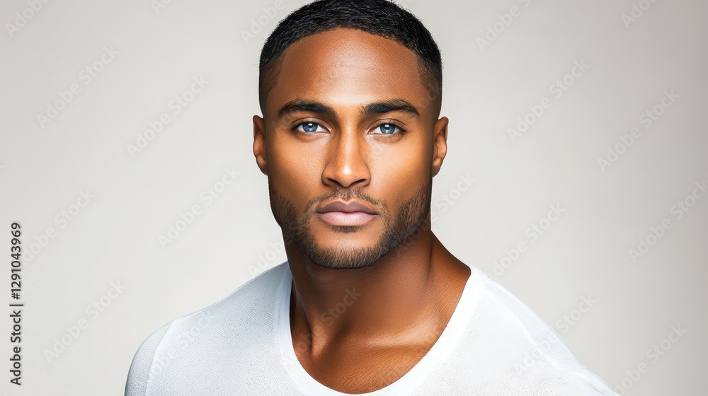 Obraz premium A male model stands confidently in a well-lit studio. His striking blue eyes and neat haircut complement his stylish outfit, highlighting fashion and beauty elements