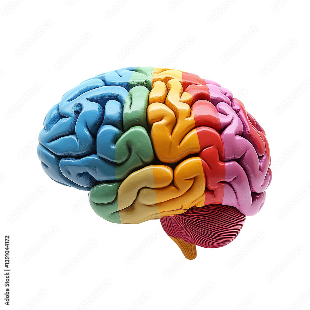 Colorful brain model showcasing detailed structure isolated on a transparent background for educational purposes, Colorful Brain Model Isolated on transparent background