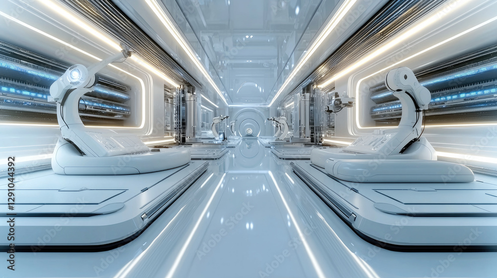 Obraz premium Futuristic laboratory with robotic arms and sleek design, showcasing advanced technology and clean lines