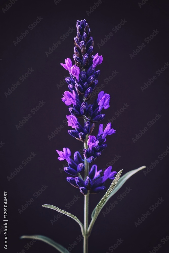 A close-up view of a single purple flower sitting on its stem A close-up view of a single purple flower sitting on its stem